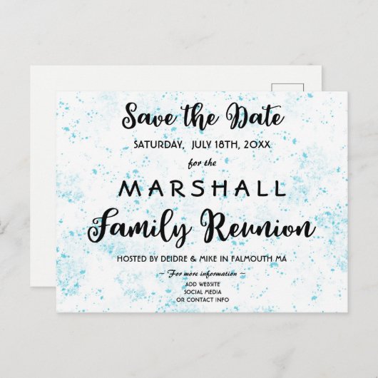 Blue Paint Splatter Family Reunion Save the Date Aankondigingskaart (Voorkant / Achterkant)