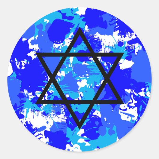 Blue Paint Splatter Jewish Star Ronde Sticker (Voorkant)