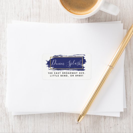 Blue Paint Stroke & Modern Gold Geometric Address Etiket (Insitu)