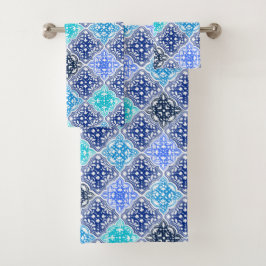 Blue Painted Moroccan Tegel Pattern Bad Handdoek