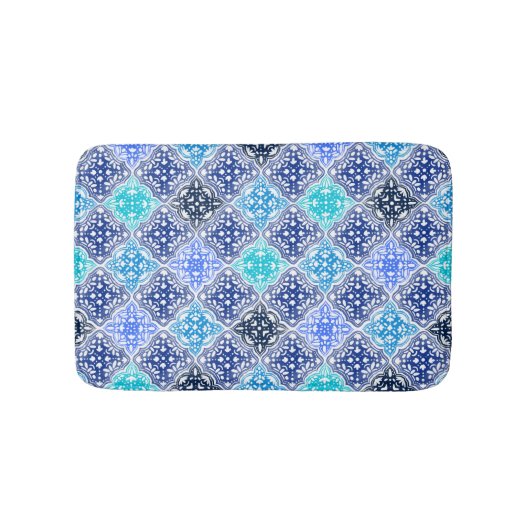 Blue Painted Moroccan Tegel Pattern Badmat (Voorkant)