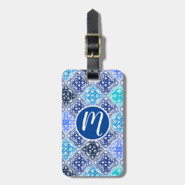 Blue Painted Moroccan Tegel Pattern Bagagelabel