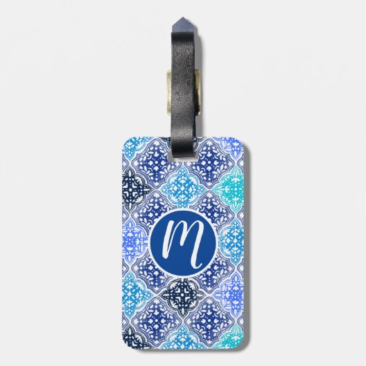 Blue Painted Moroccan Tegel Pattern Bagagelabel (Achterkant verticaal)