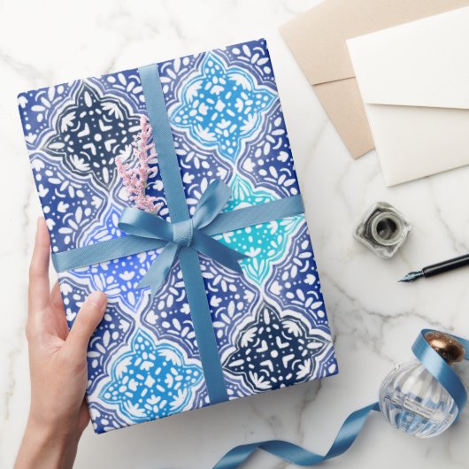 Blue Painted Moroccan Tegel Pattern Cadeaupapier (Geschenken)