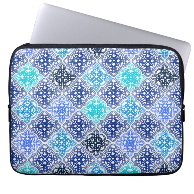 Blue Painted Moroccan Tegel Pattern Laptop Sleeve (Voorkant)