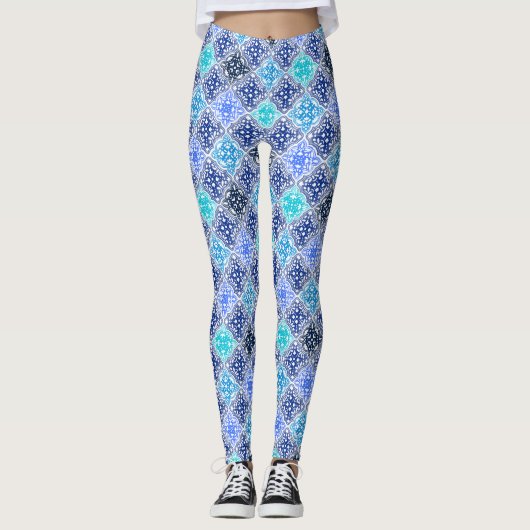 Blue Painted Moroccan Tegel Pattern Leggings (Voorkant)