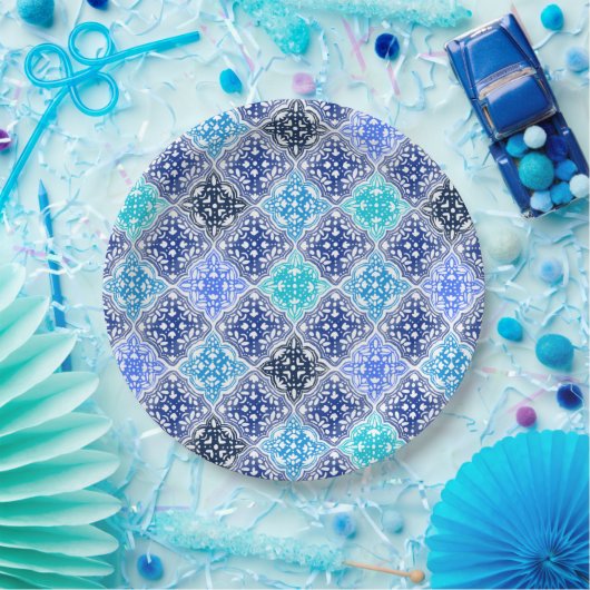 Blue Painted Moroccan Tegel Pattern Papieren Bordje (Feest)