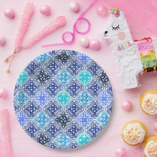 Blue Painted Moroccan Tegel Pattern Papieren Bordje (Feest)