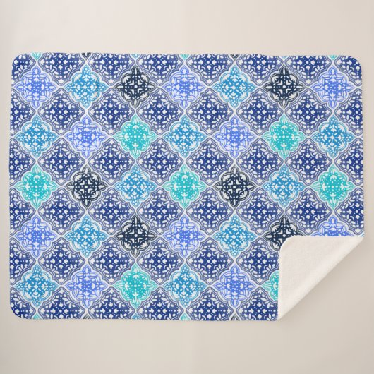 Blue Painted Moroccan Tegel Pattern Sherpa Deken (Voorkant (horizontaal))