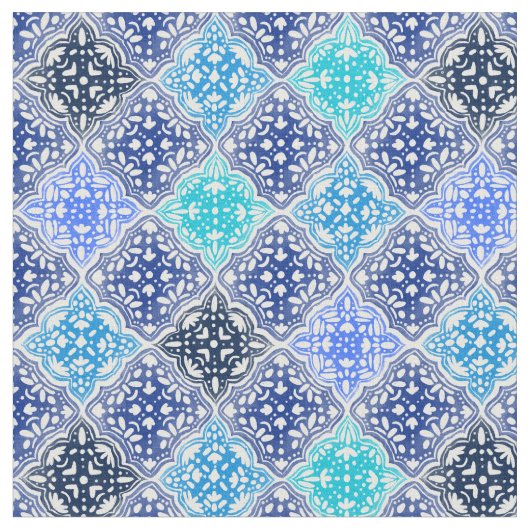 Blue Painted Moroccan Tegel Pattern Stof (Close Up)