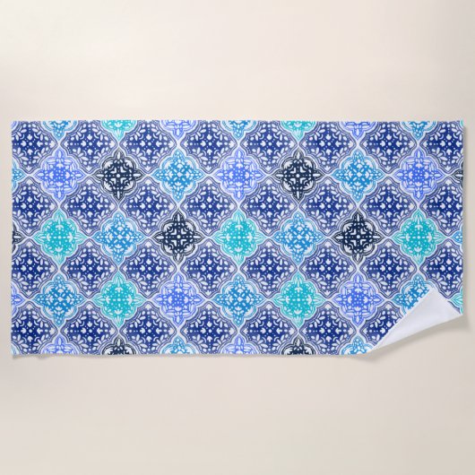 Blue Painted Moroccan Tegel Pattern Strandlaken (Voorkant)