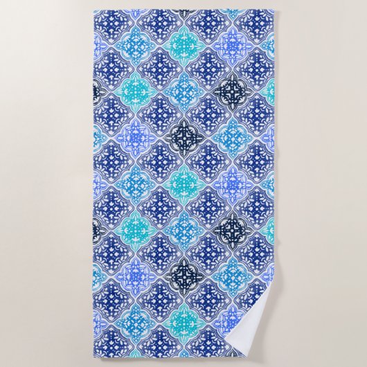 Blue Painted Moroccan Tegel Pattern Strandlaken (Voorkant)