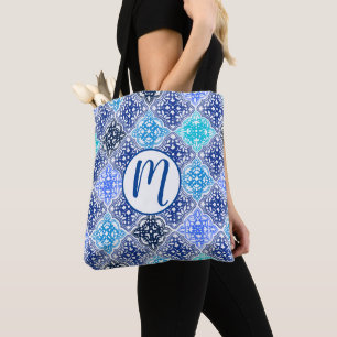 Blue Painted Moroccan Tegel Pattern Tote Bag