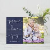 Blue Painted Peace Love Joy Foto Vakantie Kaart (Staand voorkant)