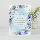 Blue Painterly Bloom Wedding Kaart (Staand voorkant)