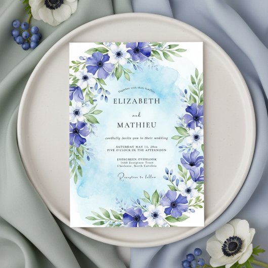 Blue Painterly Bloom Wedding Kaart