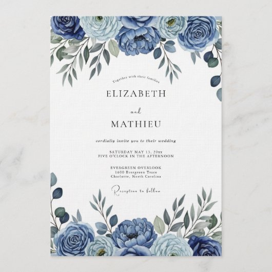 Blue Painterly Floral Wedding Kaart (Voorkant)