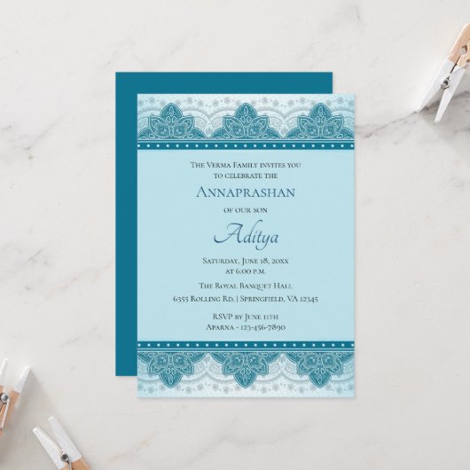 Blue Paisley Annaprashan | Eerste rijst Kaart (Voorkant / Achterkant in situ)