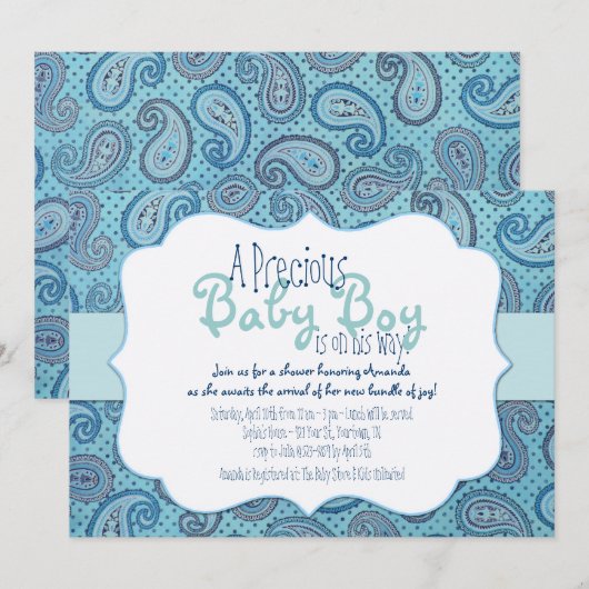 Blue Paisley Baby Boy Shower Uitnodiging (Voorkant / Achterkant)