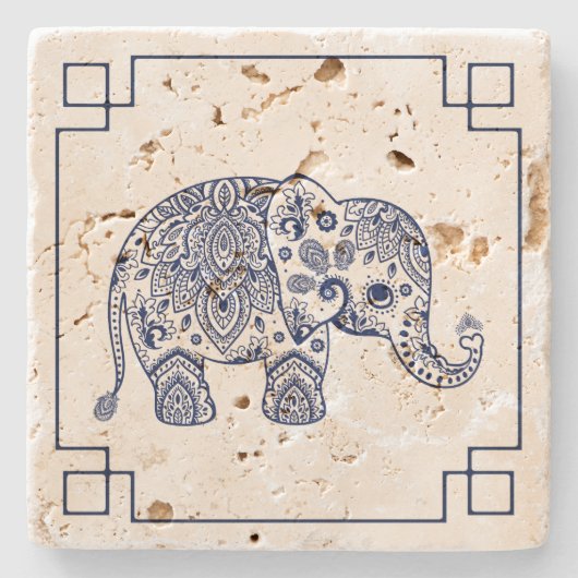 Blue Paisley Elephant Illustration Stenen Onderzetter (Voorkant)