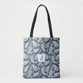 Blue Paisley Waterverf Pattern Monogram Tote Bag