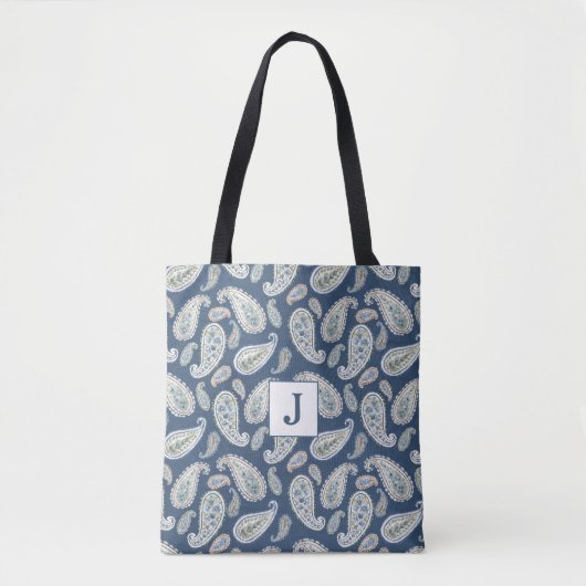 Blue Paisley Waterverf Pattern Monogram Tote Bag (Voorkant)