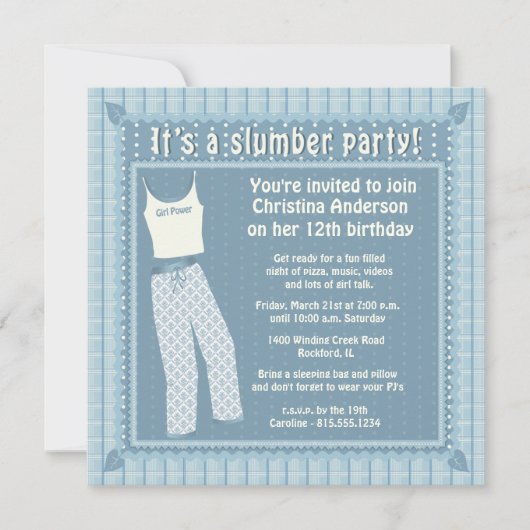 Blue Pajamas Slumber Party Invitation Kaart (Voorkant)