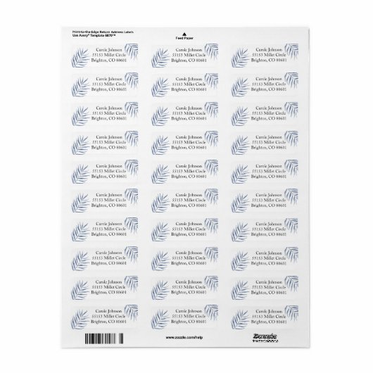 Blue Palm Branches Return Address Label (Full Sheet)