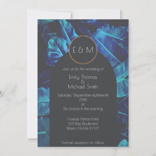 Blue Palm Modern Wedding Invitation Kaart (Voorkant)