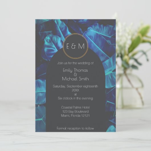 Blue Palm Modern Wedding Invitation Kaart (Staand voorkant)