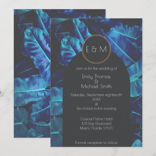 Blue Palm Modern Wedding Invitation Kaart (Voorkant / Achterkant)