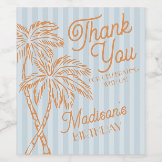 Blue Palm Spring Pastel Beach Verjaardagsfeest Par Wijn Etiket (Enkel label)