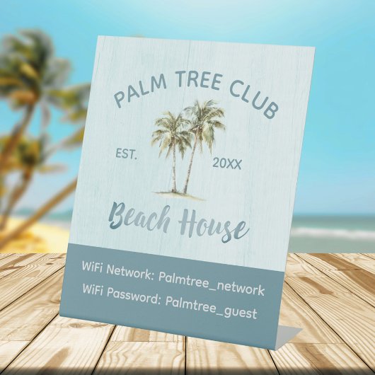 Blue Palm Tree Modern Beach House WiFi Wachtwoord Reclamebord Met Voetstuk