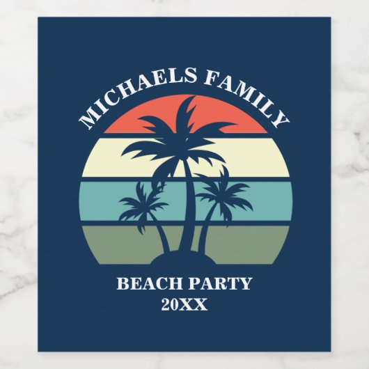 Blue Palm Tree Sunset Custom Tropical Beach Party Wijn Etiket (Enkel label)