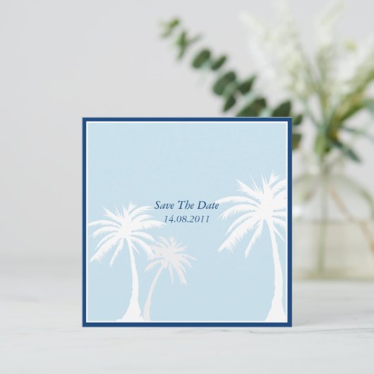 Blue Palm Tree Wedding Save the Date (Staand voorkant)