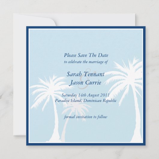 Blue Palm Tree Wedding Save the Date (Achterkant)