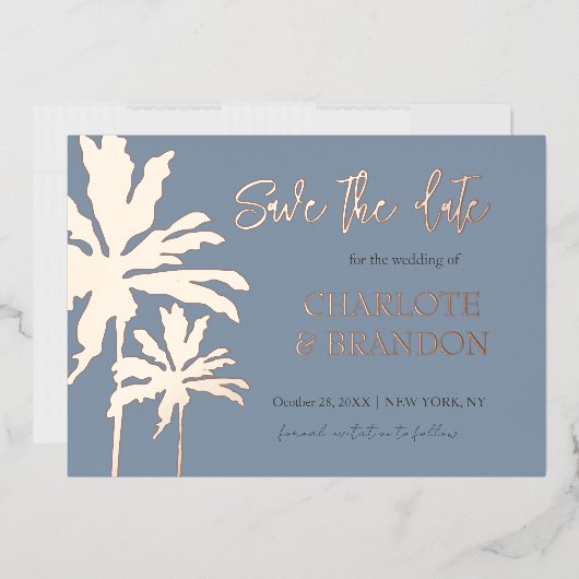Blue Palm Trees Beach Wedding Save the Date Gold Folie Uitnodiging (Envelop)