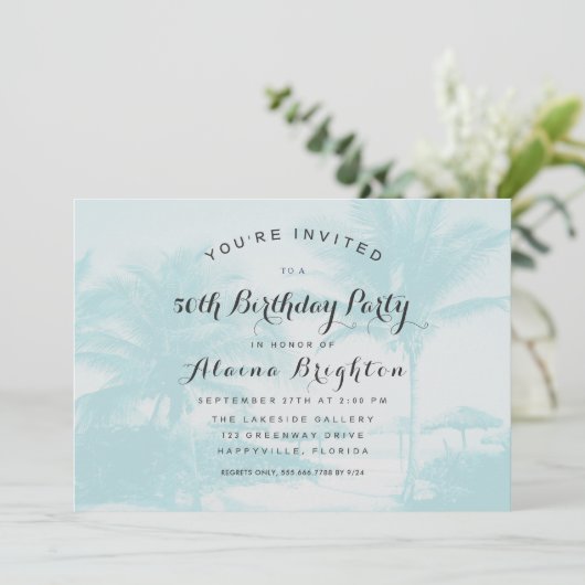 Blue Palm Trees Custom Birthday Party Invitation Kaart (Staand voorkant)