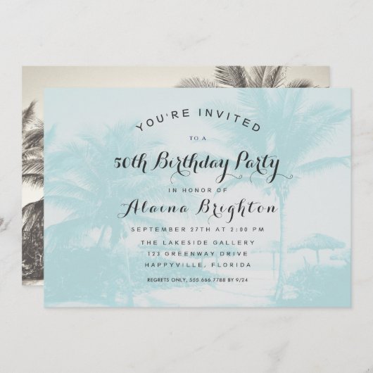 Blue Palm Trees Custom Birthday Party Invitation Kaart (Voorkant / Achterkant)