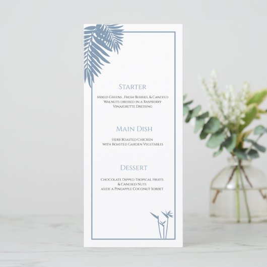 Blue Palm Wedding Gepersonaliseerd Bord Menu Kaart (Staand voorkant)