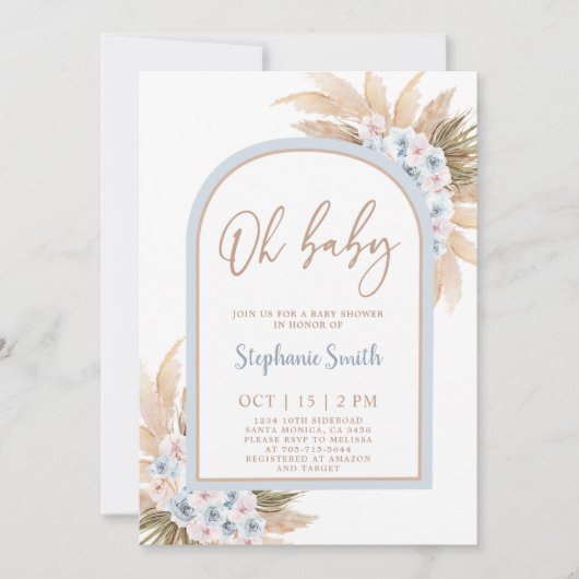 Blue Pampas Grass Arch Baby shower Boy Uitnodiging (Voorkant)