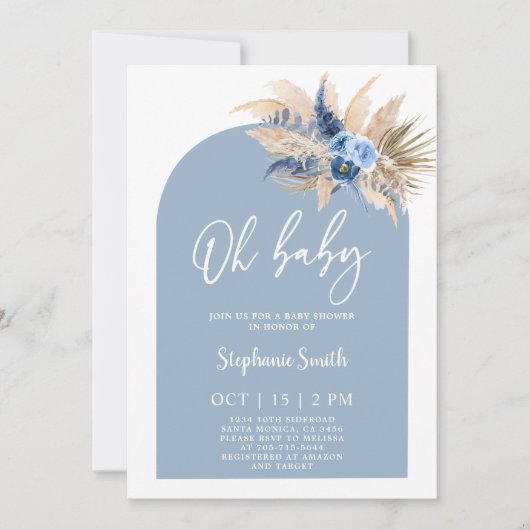 Blue Pampas Grass Baby shower Boy Invitation Kaart (Voorkant)