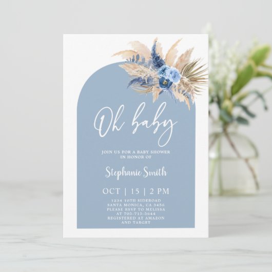 Blue Pampas Grass Baby shower Boy Invitation Kaart (Staand voorkant)