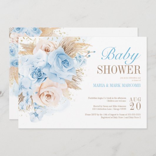 Blue Pampas Grass Bohemian Baby shower Invitation Kaart (Voorkant / Achterkant)