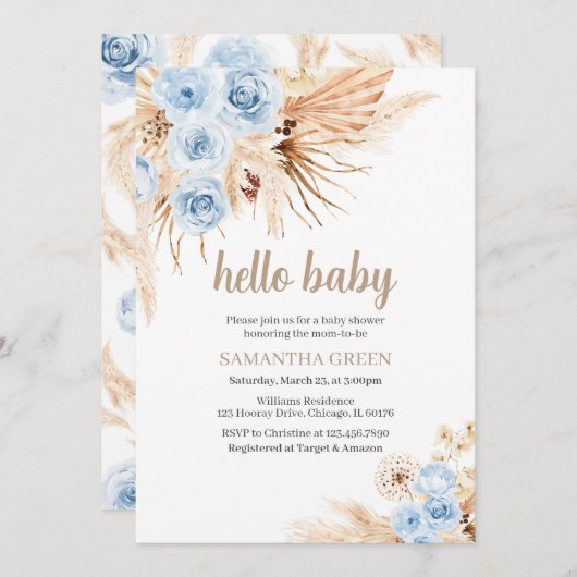Blue Pampas Grass Boho Baby shower Kaart (Voorkant / Achterkant)