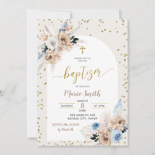 Blue Pampas Grass Boho Baptism Invitation Kaart (Voorkant)