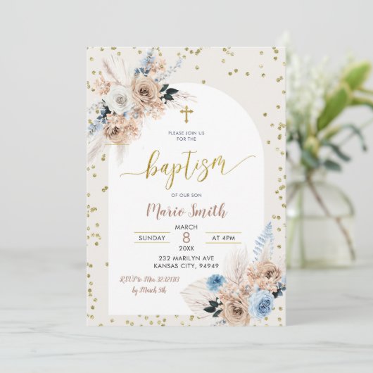 Blue Pampas Grass Boho Baptism Invitation Kaart (Staand voorkant)
