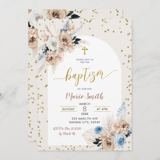 Blue Pampas Grass Boho Baptism Invitation Kaart (Voorkant / Achterkant)