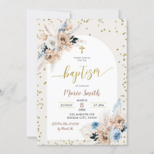 Blue Pampas Grass Boho Baptism Invitation Kaart