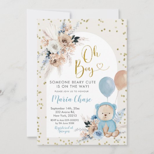 Blue Pampas Grass Boho Beer Boy Baby shower Invita Kaart (Voorkant)